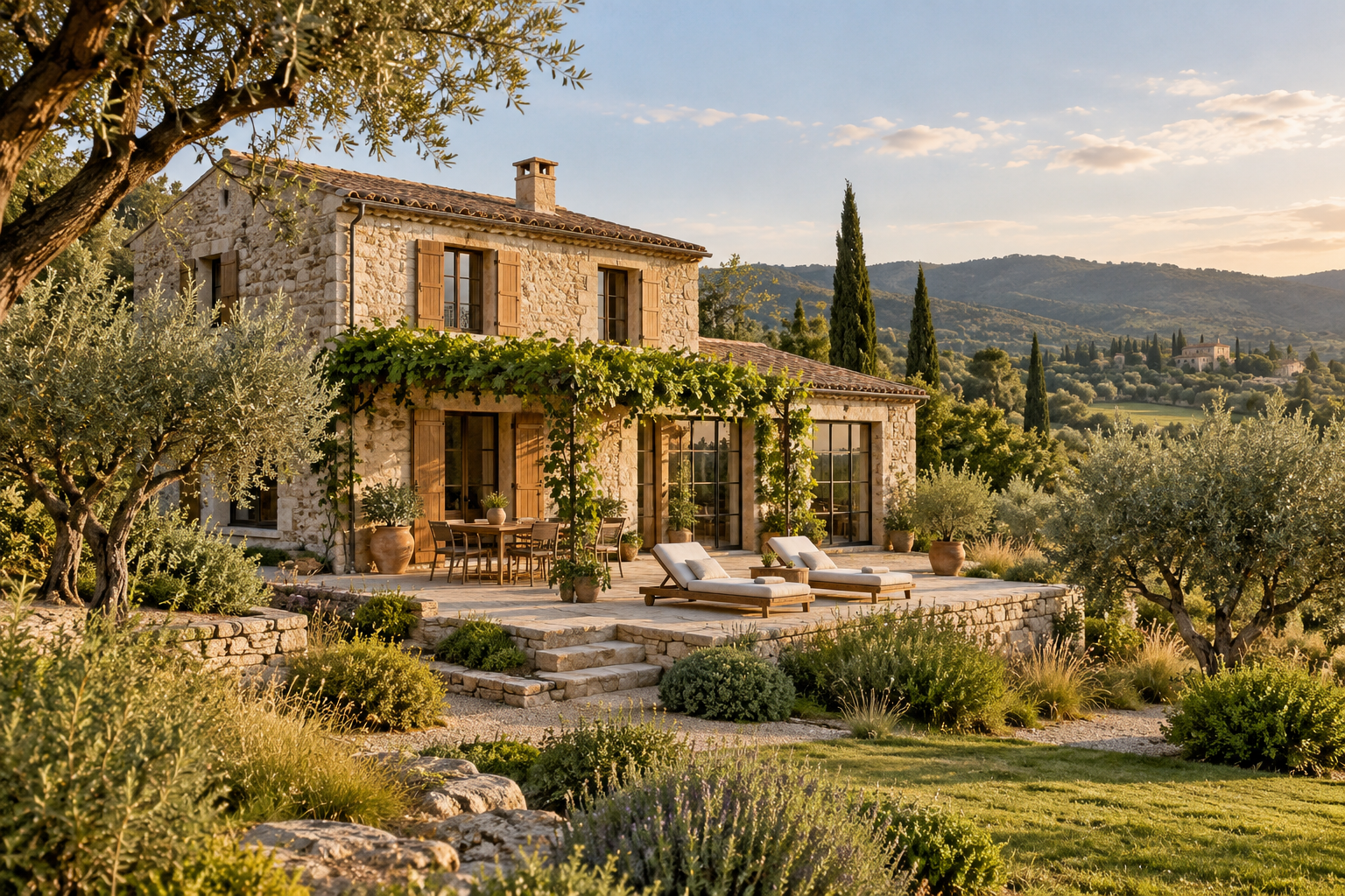 Illustrative countryside vacation rental with a sunlit terrace