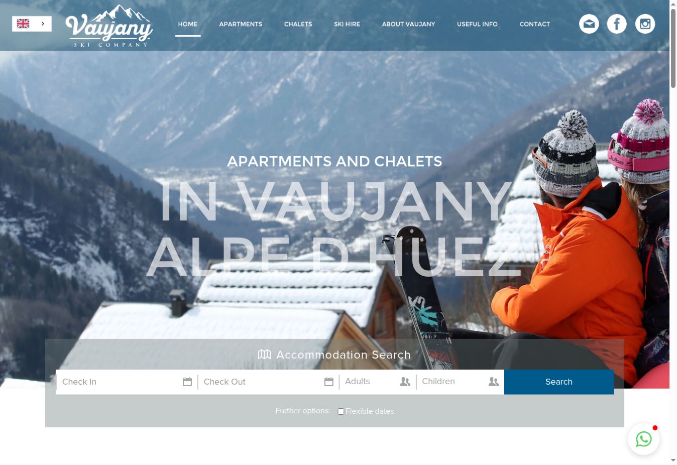 Vaujany Ski Company homepage showing alpine accommodation and its booking search